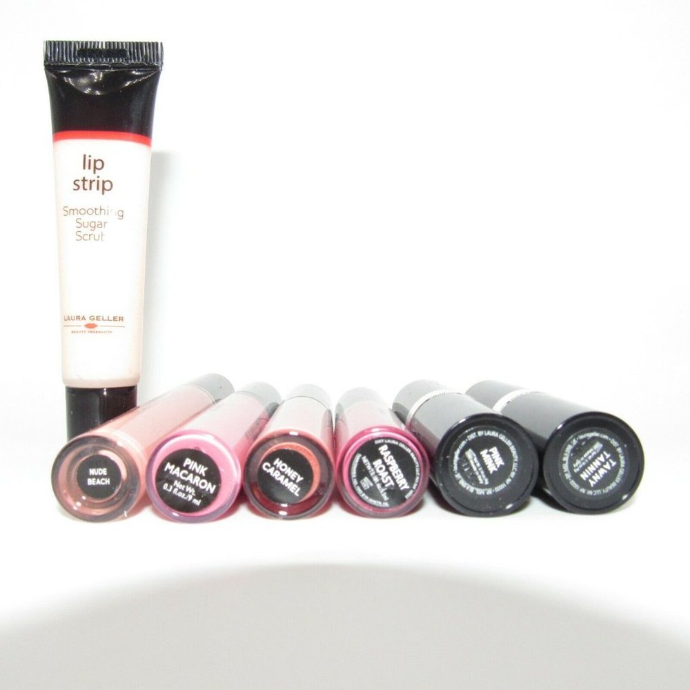 Laura Geller 7 Piece Lip Set  ~ 4 Glosses 2 Lipsticks & Lip Strip NEW - Picture 2 of 3
